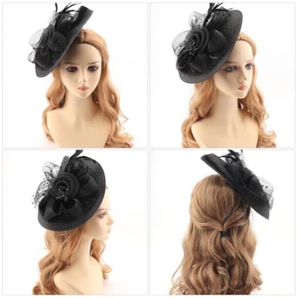 Women\'s  Fascinator Hat Flower Mesh Feathers Hat with Headband and Clip